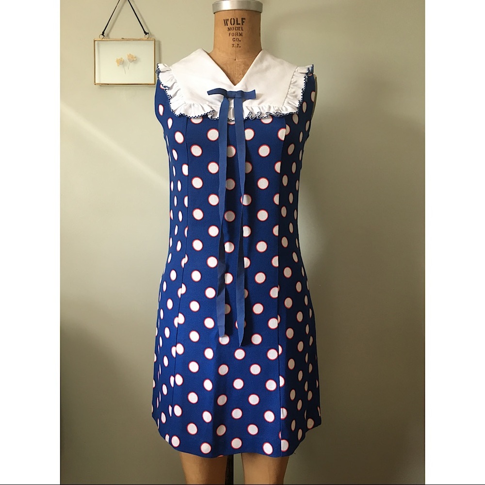 Vintage 1960s Navy Polka Dot Sailor Collar Sleeveless Dress